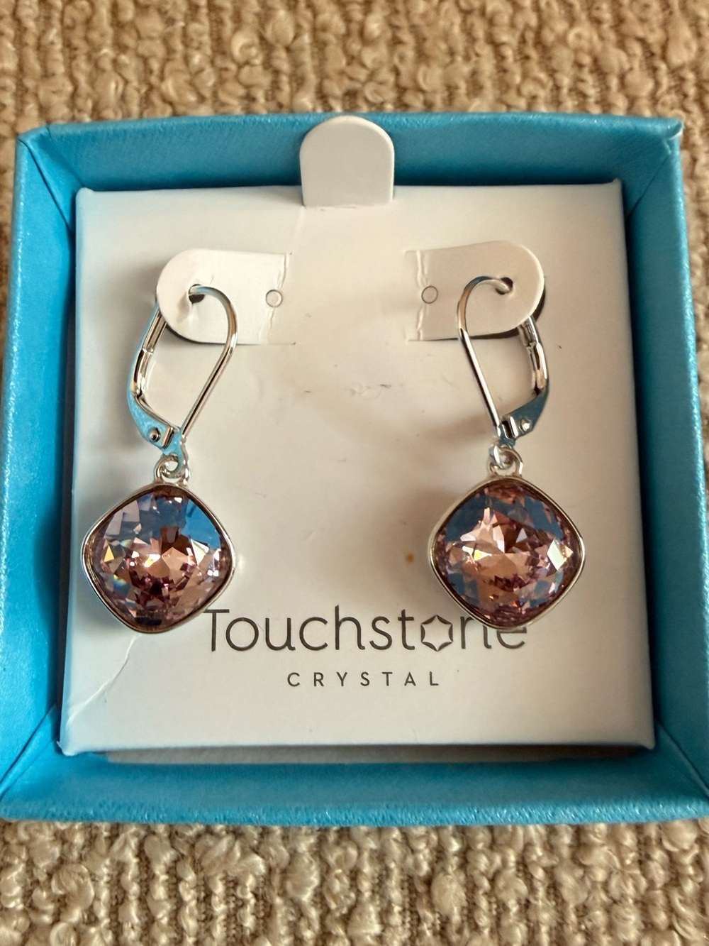 Touchstone Crystal Blush Cushion Drop Earrings - Silver Tone